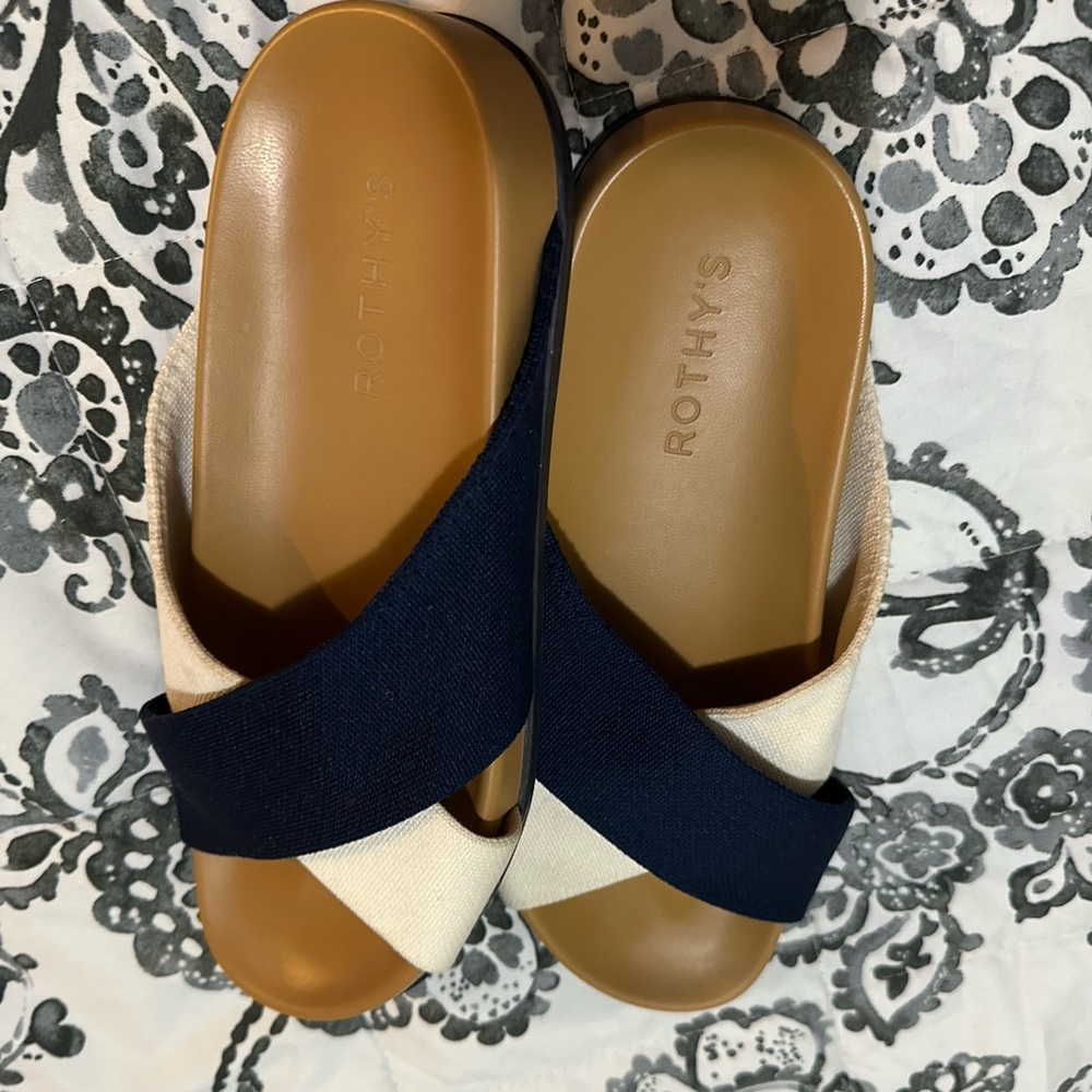Rothy's Navy and Cream Crossband Slide Sandals - Picture 4 of 5